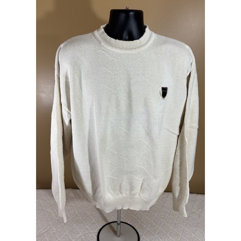 Vintage 90s Nutmeg USA Made Embroidered Logo Ivory Sweater Argyle Design Size XL